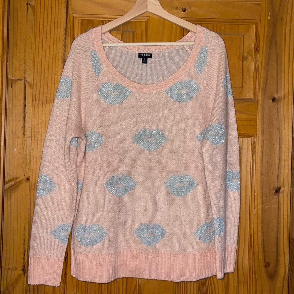 Torrid Pink Sweater w/Silver Metallic Lips, Size: 0 (L)
